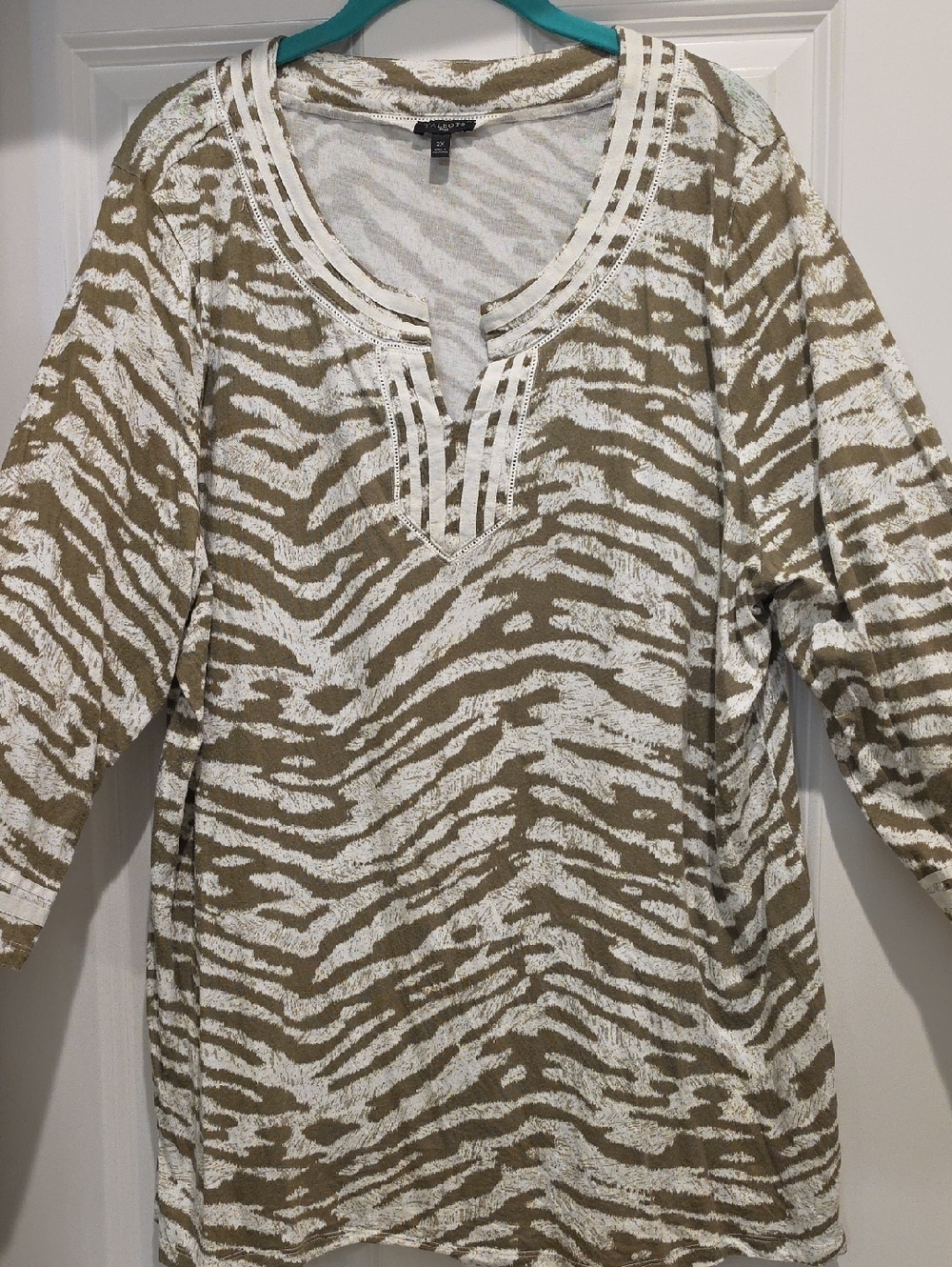 Talbots Olive Zebra-Print Lightweight Cotton Tunic Top 2x